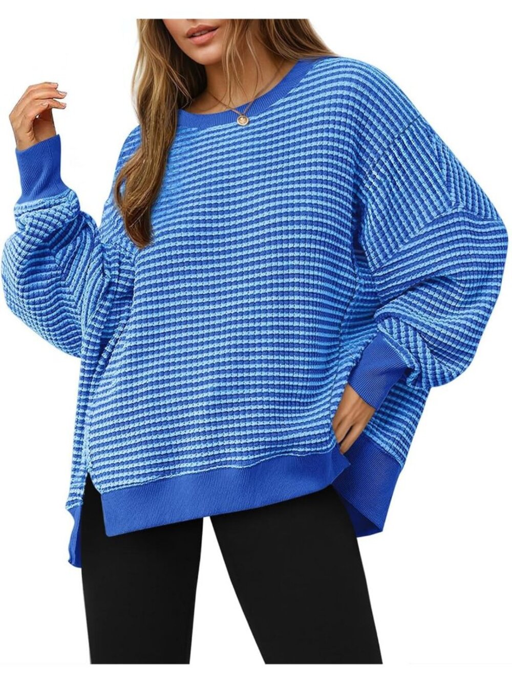 Women's Blue Fall Oversized Sweatshirt Casual Waffle Knit Long Tunic Tops